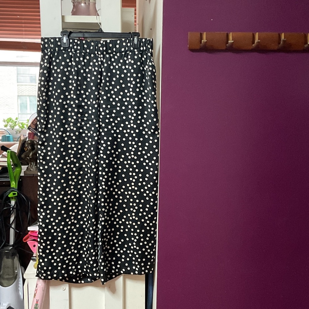 Black and White silky  Polka Dot wide leg pants with elastic waistband.